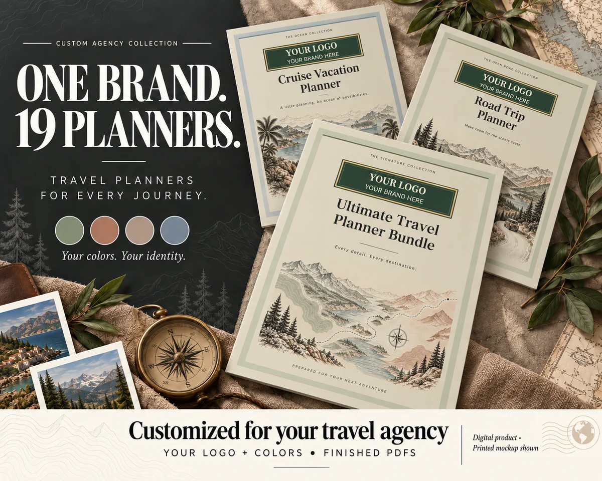 Illustrated travel planner collection with a dedicated area for your agency logo and name