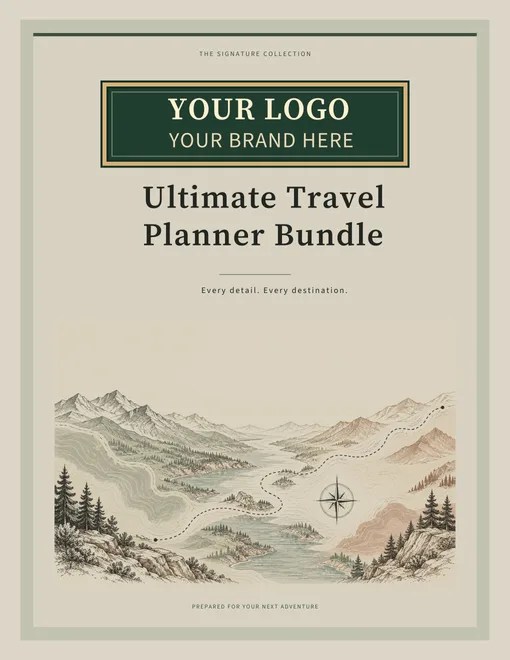 Ultimate Travel Planner cover with a green and gold Your Logo / Your Brand Here panel