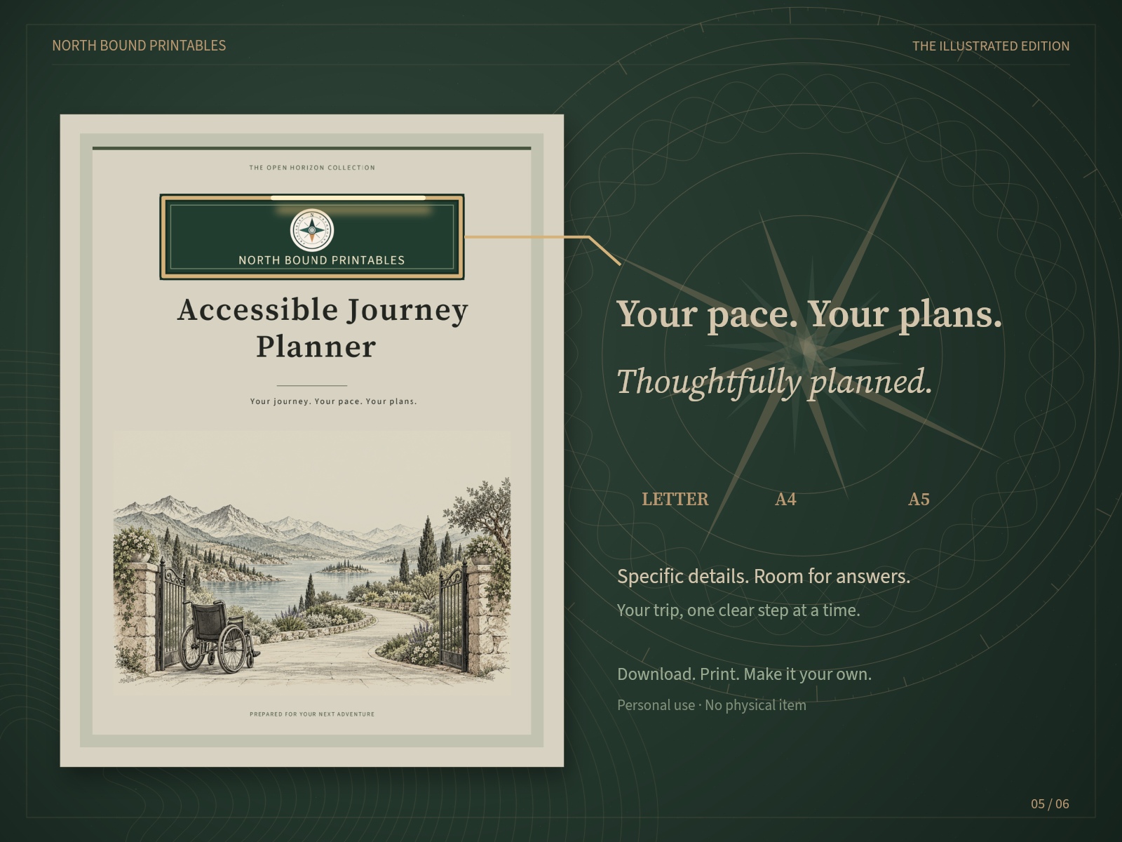 Illustrated Accessible Journey cover with forest-green North Bound branding in three paper sizes.