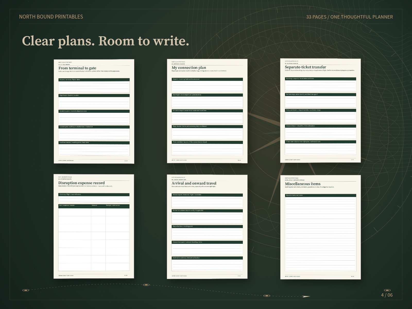 Terminal and connection plans, disruption expenses, arrival details and miscellaneous writing sheet.