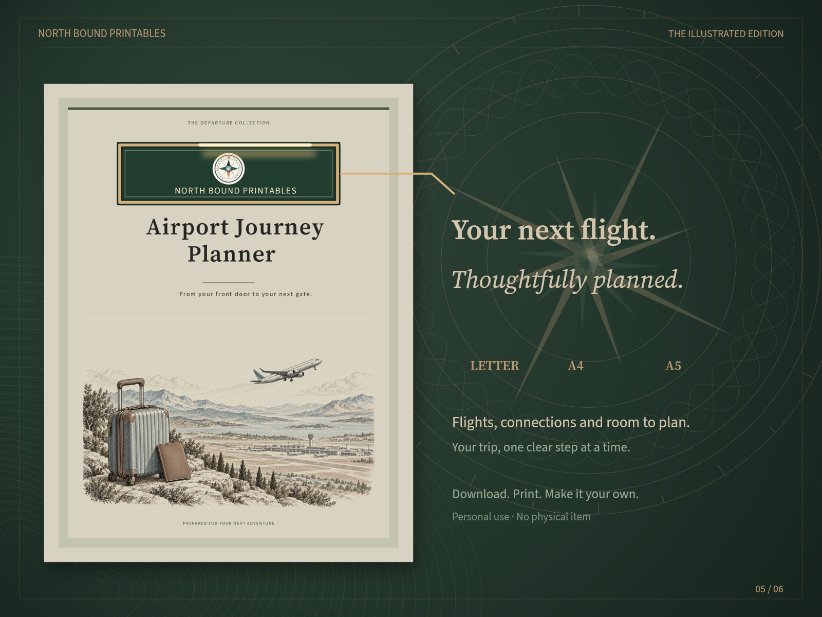 Airport Journey illustrated cover with green North Bound branding and Letter, A4 and A5 formats.