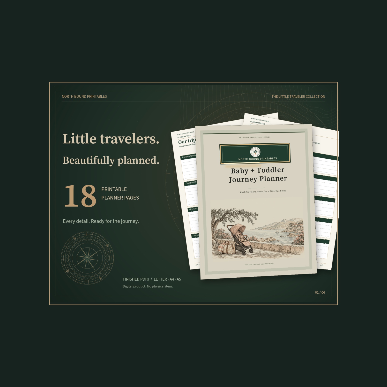 Baby and Toddler Journey Planner with an illustrated stroller cover, green North Bound logo, gold trim and 18-page count.