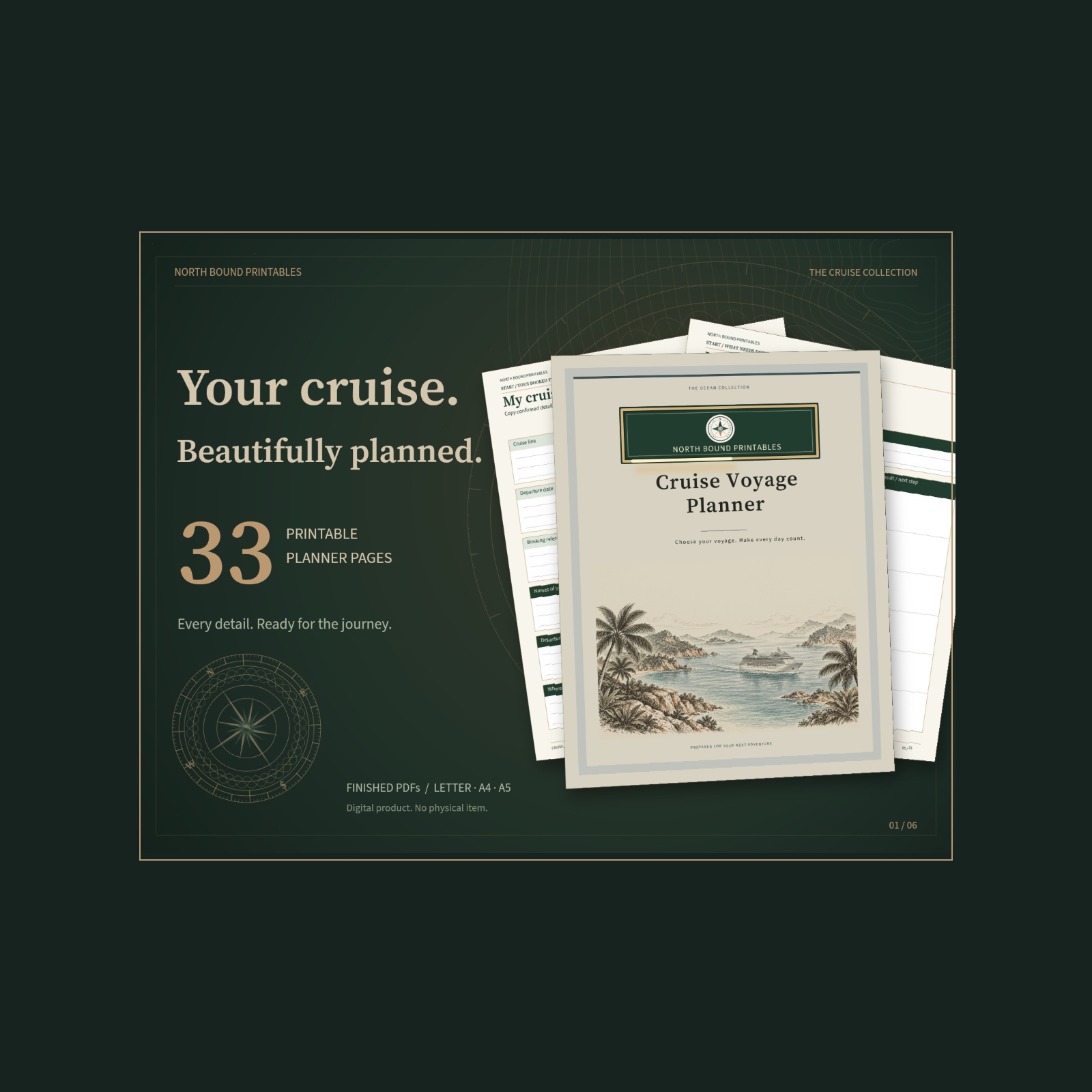 Forest-green and gold Cruise Voyage Planner preview with an illustrated cruise cover and 33 printable pages.