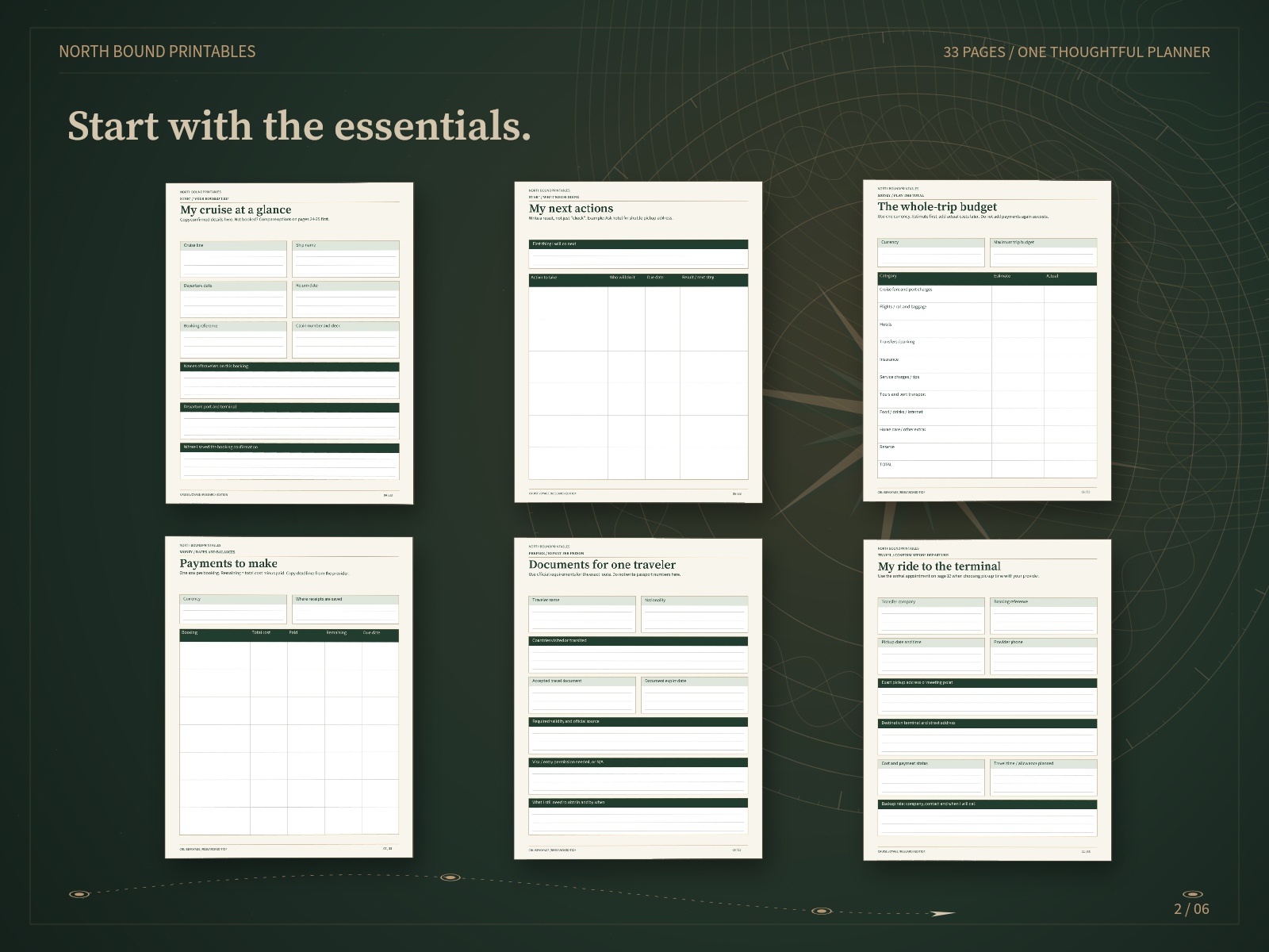 Preview of cruise planning worksheets before departure.
