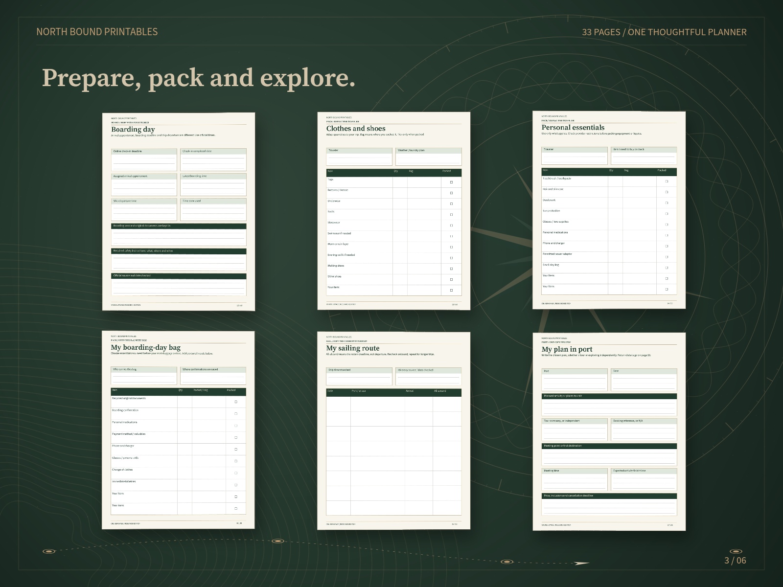 Cruise itinerary and onboard planning worksheet previews.