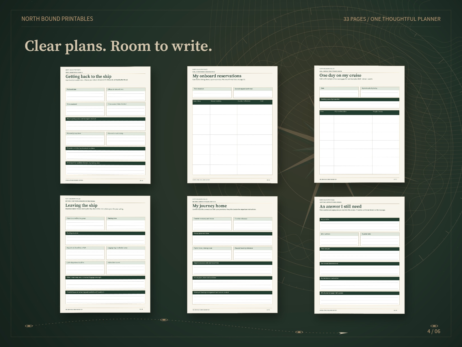 Ruled cruise planning pages with space to write details.