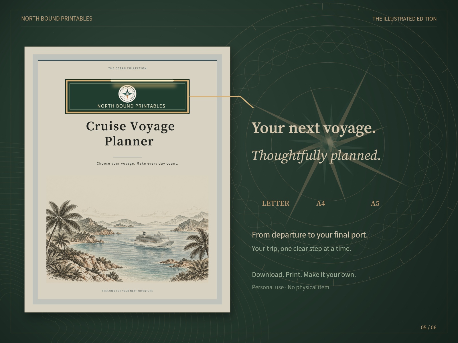 Illustrated Cruise Voyage Planner cover with North Bound branding.