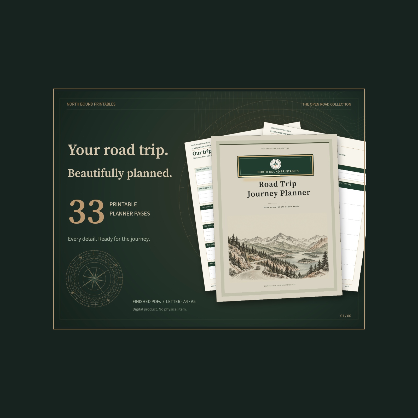 Road Trip Journey Planner with an illustrated mountain-road cover and 33-page workbook in forest green and gold.