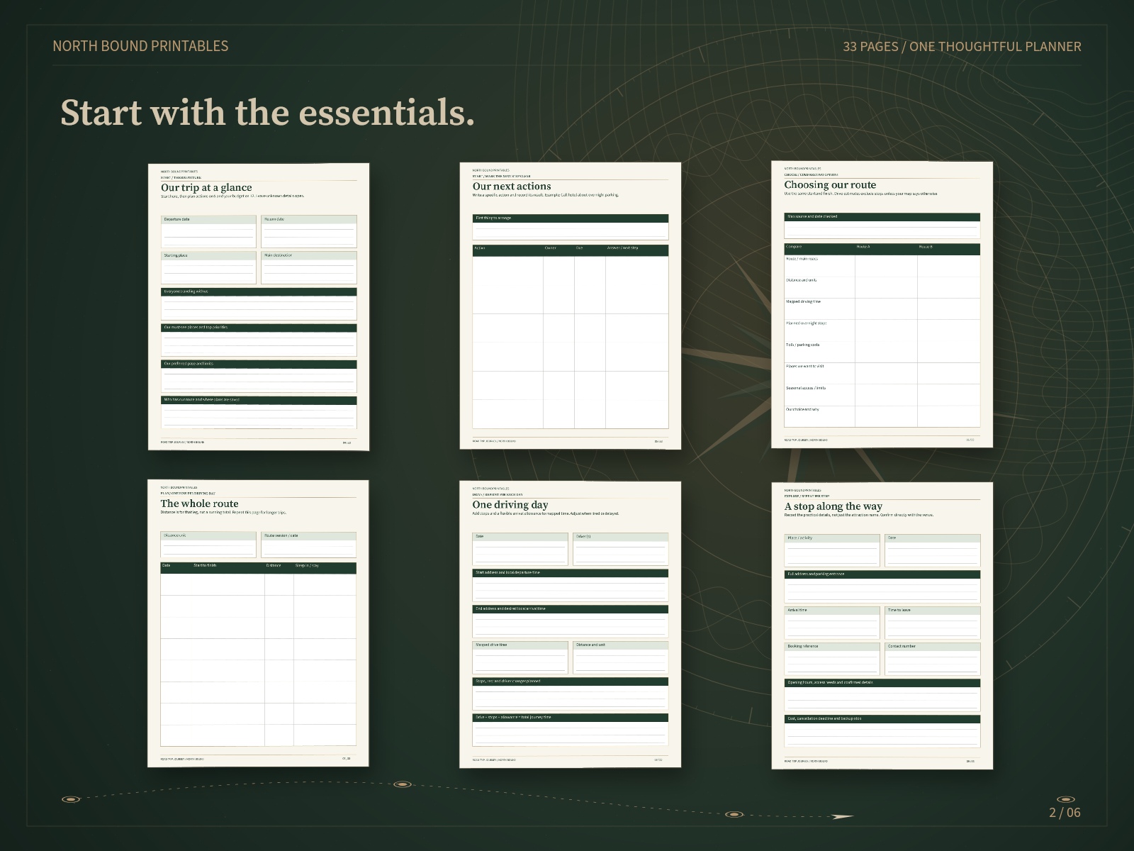 Route and overnight stay planning worksheet previews.