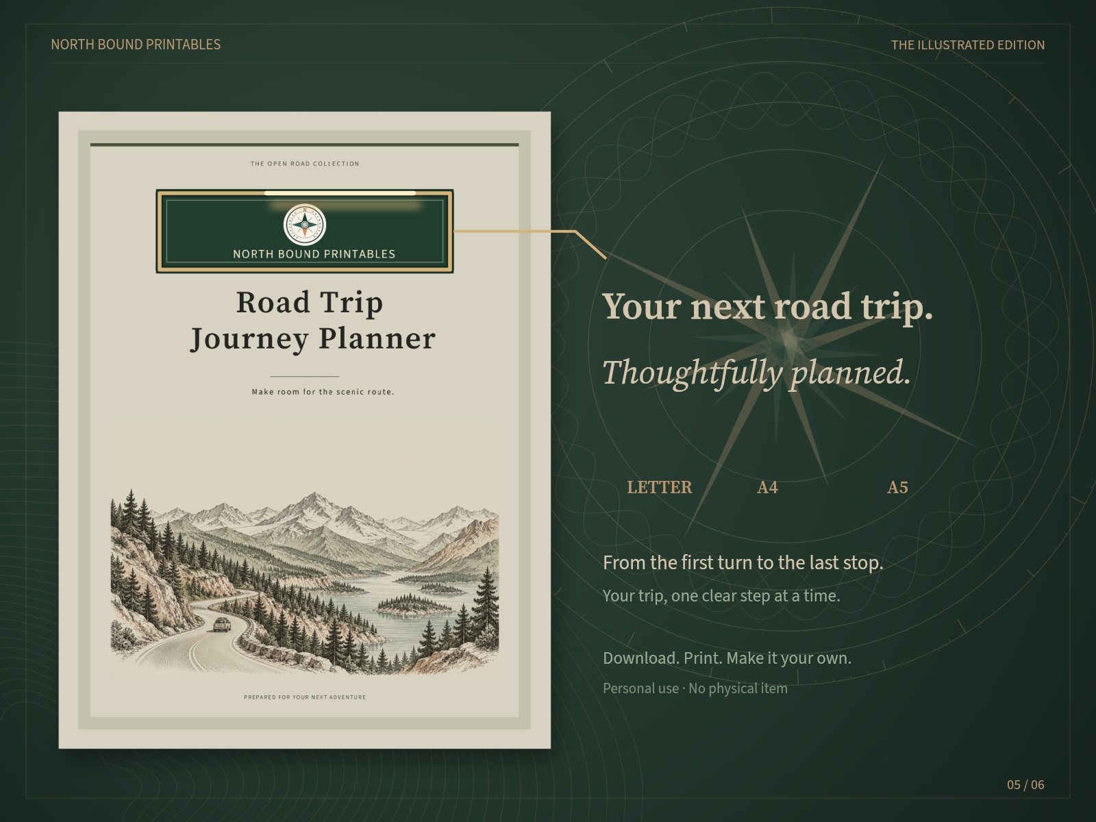 Illustrated Road Trip Journey Planner cover with green North Bound logo and gold trim.