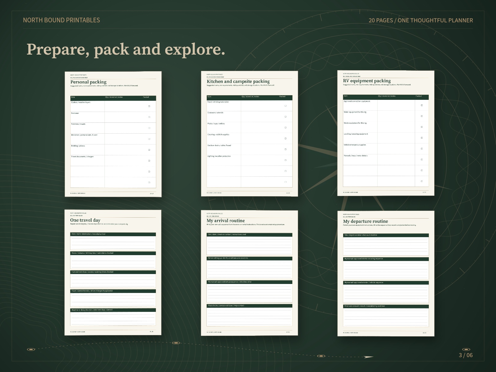 Three prefilled packing sheets, a driving-day plan and arrival and departure routine pages.