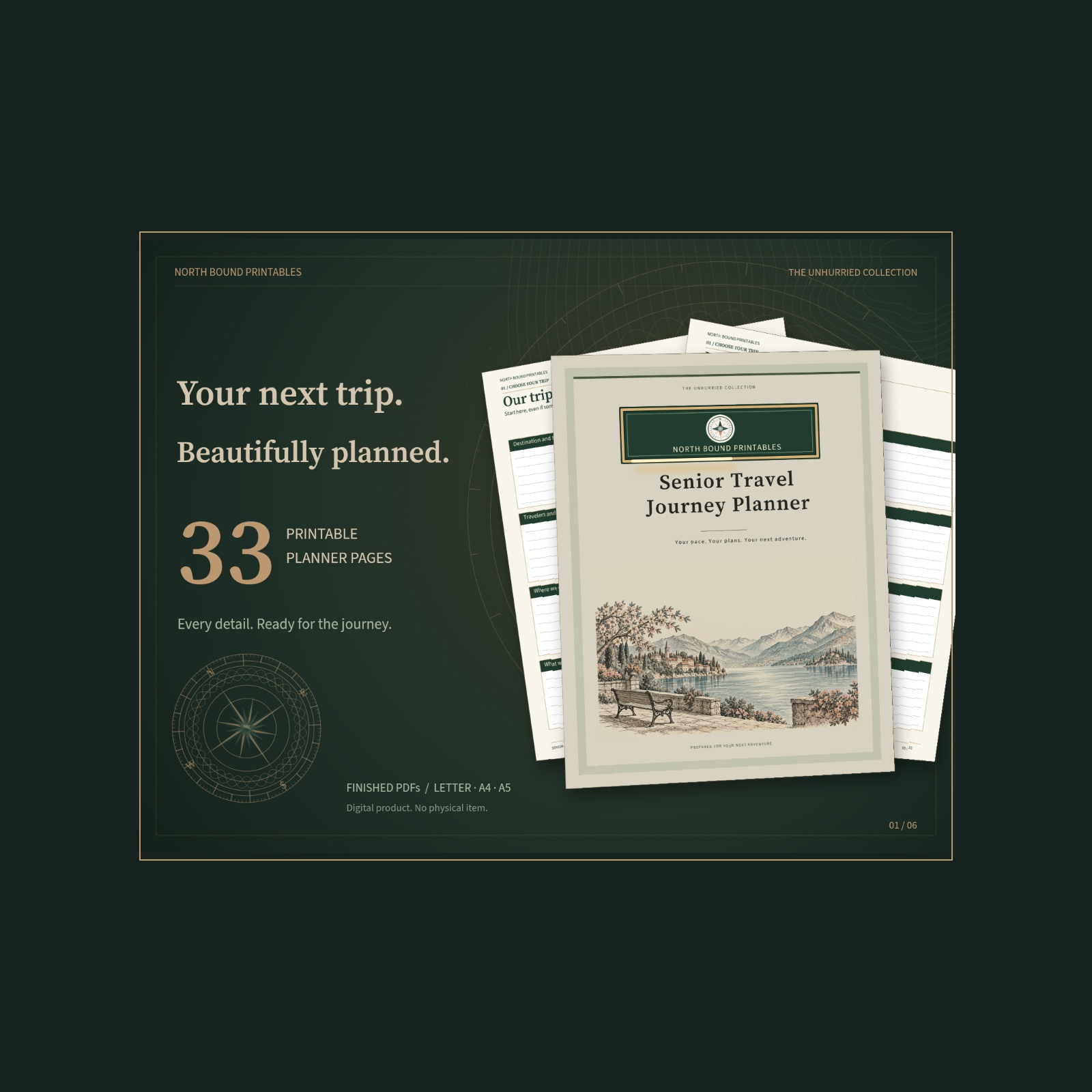 Senior Travel Journey Planner with an illustrated lakeside cover, North Bound logo and forest-green and gold styling.