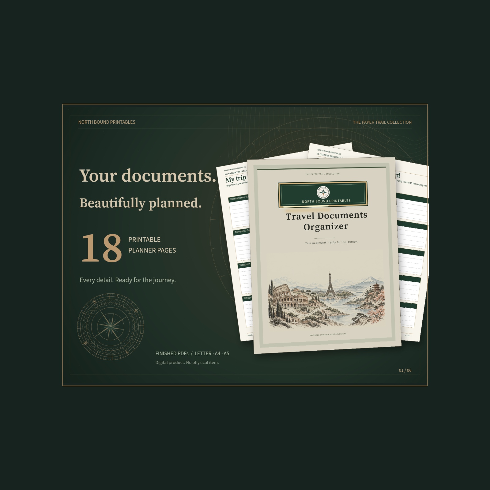 Travel Documents Organizer with illustrated international landmarks, green North Bound branding, gold trim and 18-page count.